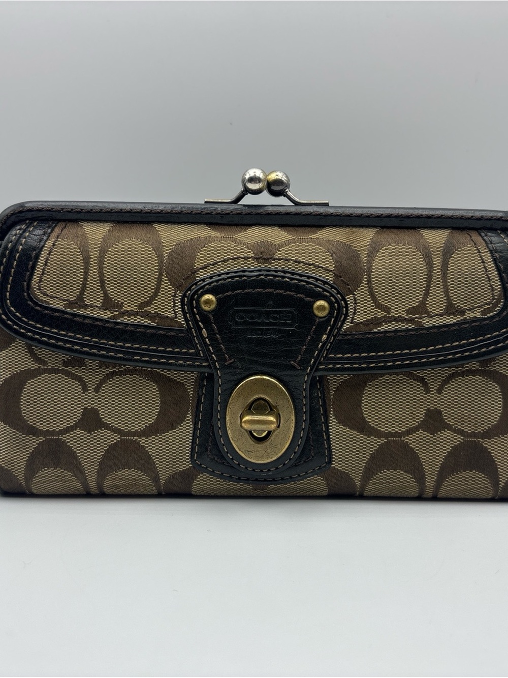 COACH 65th Anniversary Signature Kisslock Monogram Canvas Leather Wallet Clutch